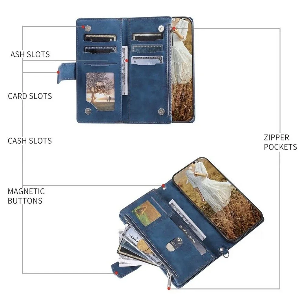 Wallet Phone Case for Google Pixel 7A Blue Flip Cover Stand Card Holder Wristlet
